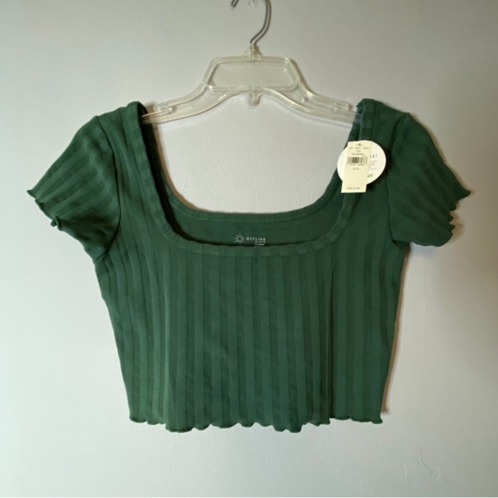 NWT AERIE OFFLINE Green Rib Square Neck Crop Top S